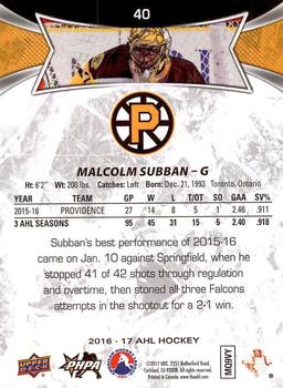 2016-17 Upper Deck AHL #40 Malcolm Subban Back