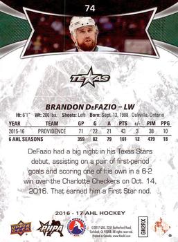2016-17 Upper Deck AHL #74 Brandon DeFazio Back