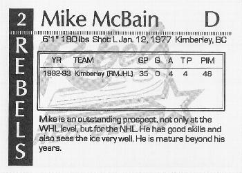 1993-94 Red Deer Rebels (WHL) #NNO Mike McBain Back