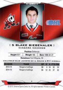 2015-16 Extreme Niagara IceDogs (OHL) #4 Blake Siebenaler Back