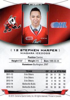 2015-16 Extreme Niagara IceDogs (OHL) #9 Stephen Harper Back