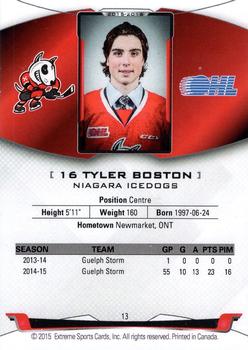 2015-16 Extreme Niagara IceDogs (OHL) #13 Tyler Boston Back