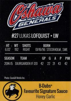 2015-16 Buffalo Wild Wings Oshawa Generals (OHL) #9 Lukas Lofquist Back