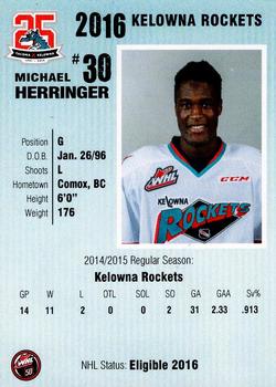 2015-16 Kelowna Rockets (WHL) #NNO Michael Herringer Back