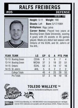 2015-16 Choice Toledo Walleye (ECHL) #5 Ralfs Freibergs Back