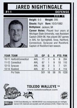 2015-16 Choice Toledo Walleye (ECHL) #11 Jared Nightingale Back