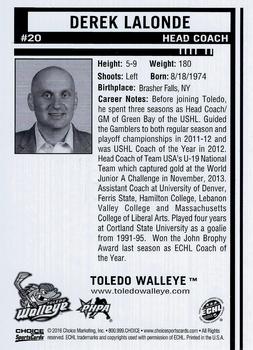 2015-16 Choice Toledo Walleye (ECHL) #20 Derek Lalonde Back