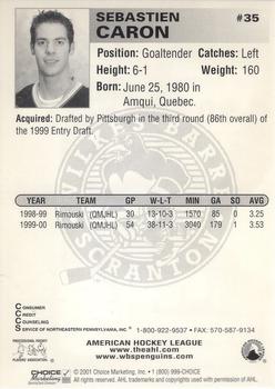 2000-01 Choice Wilkes Barre/Scranton Penguins (AHL) #5 Sebastien Caron Back