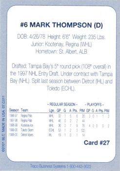 2000-01 Big League Cards Johnstown Chiefs (ECHL) #27 Mark Thompson Back
