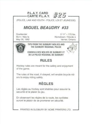 2000-01 Sudbury Wolves (OHL) Police #25 Miguel Beaudry Back