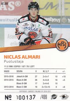 2016-17 Cardset Finland - Rookie Series 2 #RC 380 Niclas Almari Back