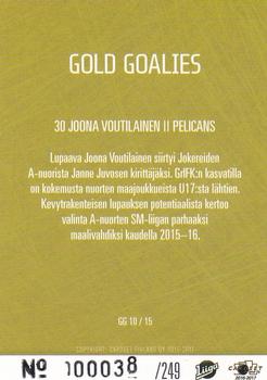 2016-17 Cardset Finland - Gold Goalies #GG10 Joona Voutilainen Back