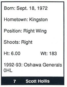 1992-93 Oshawa Generals (OHL) #NNO Scott Hollis Back