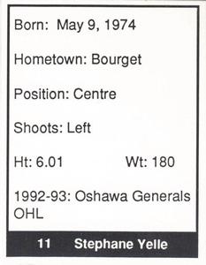 1992-93 Oshawa Generals (OHL) #NNO Stephane Yelle Back