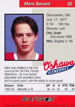 1993-94 Slapshot Oshawa Generals (OHL) #22 Marc Savard Back