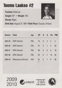 2009-10 Pepsi Milwaukee Admirals (AHL) #NNO Teemu Laakso Back