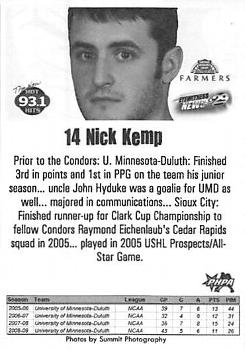 2009-10 Mercy Hospital Bakersfield Condors (ECHL) #NNO Nick Kemp Back