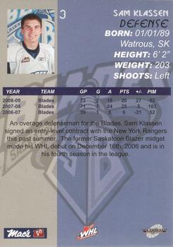 2009-10 Saskatoon Blades (WHL) #B-02 Sam Klassen Back