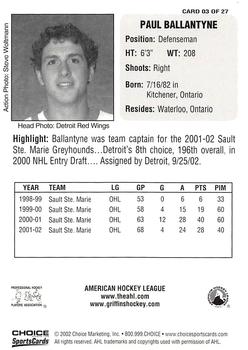 2002-03 Choice Grand Rapids Griffins (AHL) #3 Paul Ballantyne Back