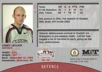 2002-03 M&T Printing Guelph Storm (OHL) #10 Corey LeClair Back