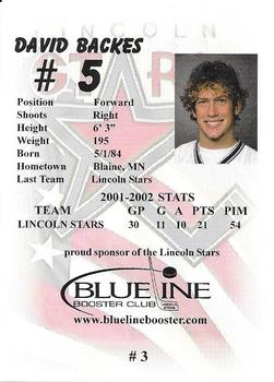 2002-03 Blueline Booster Club Lincoln Stars (USHL) #3 David Backes Back
