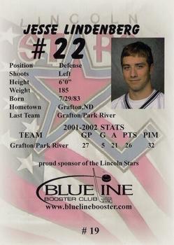 2002-03 Blueline Booster Club Lincoln Stars (USHL) #19 Jesse Lindenberg Back