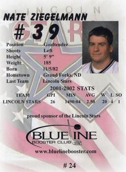 2002-03 Blueline Booster Club Lincoln Stars (USHL) #24 Nate Ziegelmann Back