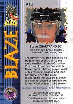 2002-03 Coventry Blaze (BNL) #NNO Steve Chartrand Back