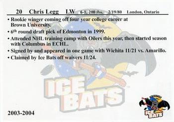 2003-04 KXAN-36/KLBJ-93.7 Austin Ice Bats (CHL) #NNO Chris Legg Back