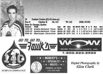 2001-02 Louisiana IceGators (ECHL) #NNO Frederic Cloutier Back