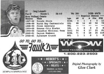 2001-02 Louisiana IceGators (ECHL) #NNO Greg Labenski Back