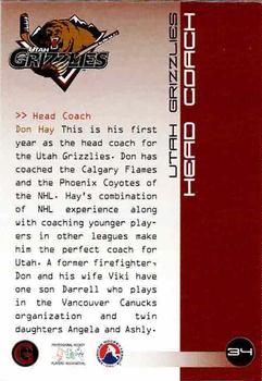 2001-02 Dave Strong Volkswagen Utah Grizzlies (AHL) #34 Don Hay Back