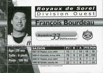 2001-02 Sorel Royaux (QSPHL) #NNO Francois Bourdeau Back