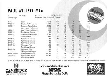 2001-02 Bakersfield Condors (WCHL) #NNO Paul Willett Back