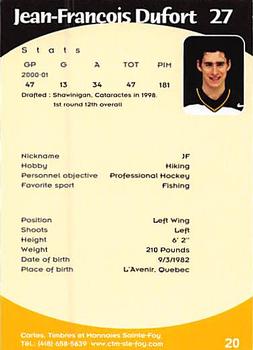 2001-02 Cartes, Timbres et Monnaies Sainte-Foy Cape Breton Screaming Eagles (QMJHL) #20 Jean-Francois Dufort Back