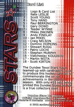 2001-02 Cardtraders Dundee Stars (EIHL) #1 Checklist Back