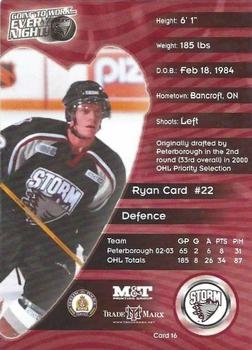 2003-04 M&T Printing Guelph Storm (OHL) #16 Ryan Card Back