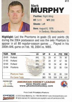 2004-05 Choice Philadelphia Phantoms (AHL) #11 Mark Murphy Back