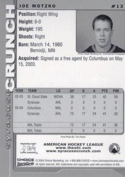 2004-05 Choice Syracuse Crunch (AHL) #13 Joe Motzko Back