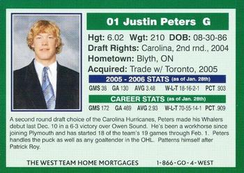 2005-06 Plymouth Whalers (OHL) #B-01 Justin Peters Back