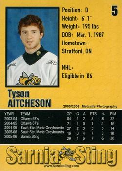 2005-06 Sarnia Sting (OHL) #1 Tyson Aitcheson Back