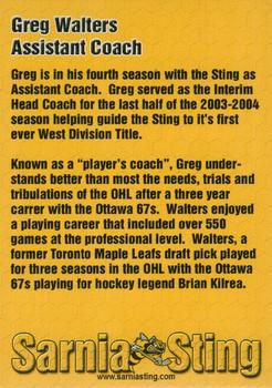 2005-06 Sarnia Sting (OHL) #26 Greg Walters Back