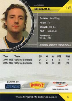 2006-07 Extreme Kingston Frontenacs (OHL) #9 Jesse Biduke Back