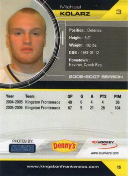 2006-07 Extreme Kingston Frontenacs (OHL) #15 Michael Kolarz Back