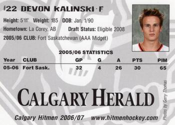 2006-07 Husky/Mohawk/Calgary Herald Calgary Hitmen (WHL) #NNO Devon Kalinski Back
