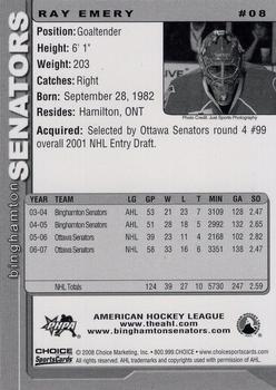 2007-08 Choice Binghamton Senators (AHL) #8 Ray Emery Back
