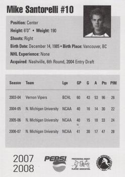 2007-08 Pepsi Milwaukee Admirals (AHL) #NNO Mike Santorelli Back