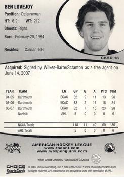 2007-08 Choice Wilkes-Barre/Scranton Penguins (AHL) #18 Ben Lovejoy Back