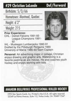 1992-93 Star Sports Cards Anaheim Bullfrogs (RHI) #NNO Christian LaLonde Back