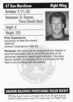 1992-93 Star Sports Cards Anaheim Bullfrogs (RHI) #NNO Ken Murchison Back